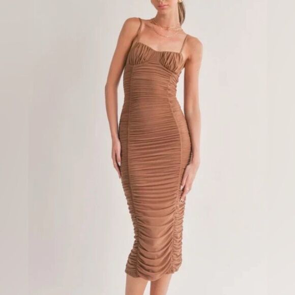 Sage The Label Brown Ruched Bodycon Midi Dress(Size Small) - Picture 1 of 8